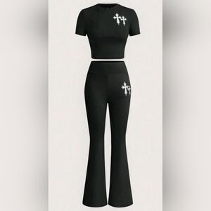 Black Flared Pants & Crop Top Set